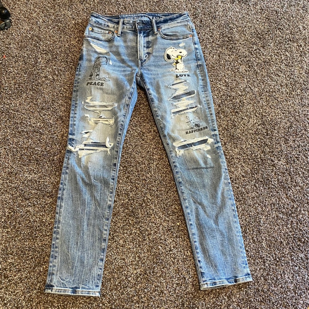American Eagle Slim Peanuts Snoopy Distressed Jeans Men 29x30 Light Blue Denim